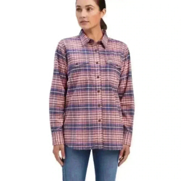 Ariat Rebar Woman’s Plus Size XXL Peach & Blue Flannel Long Sleeve Plaid Shirt. - Picture 1 of 13